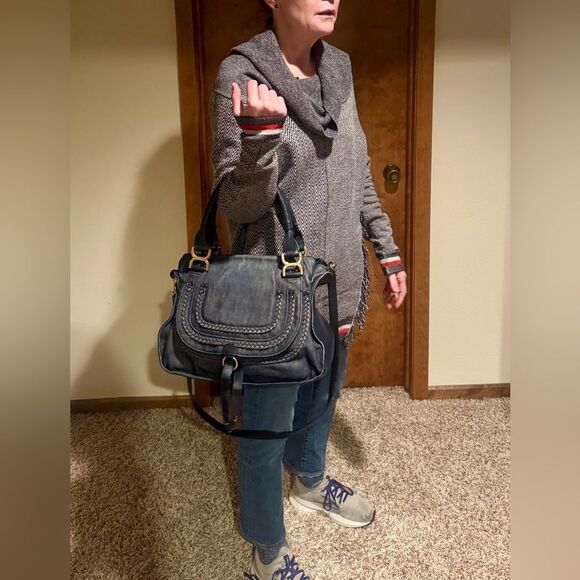 Auth Chloe Dark Blue Denim & Leather Medium Marcie Double Satchel Preloved - Picture 14 of 15